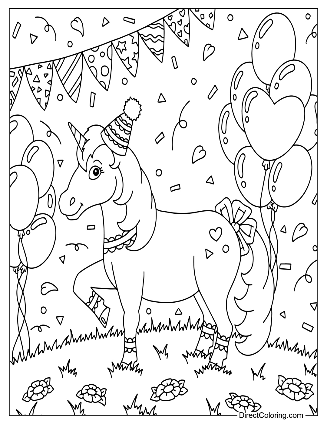 Unicorn at Birthday Party Coloring Free